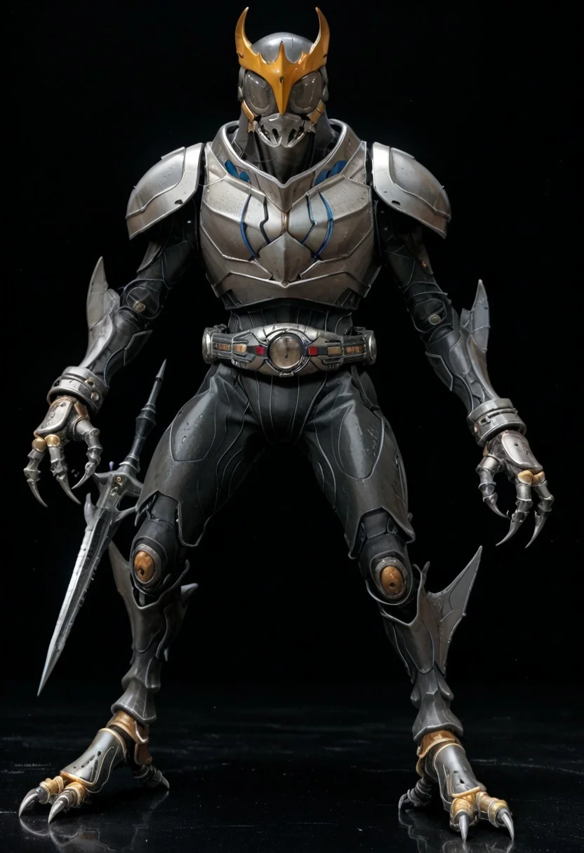 score_9, score_8, score_7, anotherkuuga, full body, solo, Grey armor, black bodysuit, Grey eyes, claw /(weapon/), claw /(weapon/), helmet, tokusatsu, belt