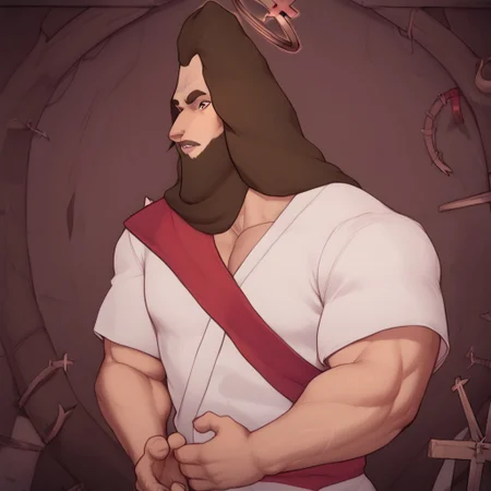1boy, anthropomorphic lamb, jesus, muscular, buff, thorn crown, long brown hair, crucified, cross, halo, holy aura, nailed to cross