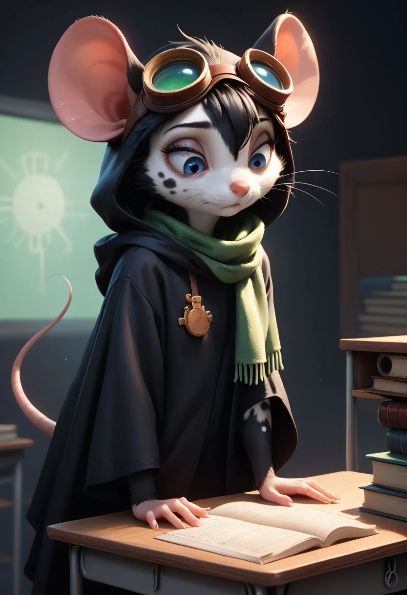 score_9, score_8_up, score_7_up, masterpiece, line art, portrait, anime, detailed, <lora:Expressive_H:0.45> Expressiveh, detailed background, concept art, source_anime, dark theme, low light, solo, anthro mouse girl, tiny, bags under eyes, mouse tail, cute, blue eyes, tired, lidded eyes, looking down, leaning over, hooded, green scarf, goggles, laboratory background, thinking expression, black cloak, white spots, black fur, bottomless, hands on desk, standing, messy work desk, books,
