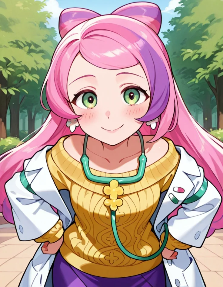 masterpiece, best quality, amazing quality, very aesthetic, absurdres, newest, detailed background, 4k, 8k, outdoors, beautiful eyes, hyperdetailed, ralphstyle,
miriamxd, 1girl, solo, earrings, smile, long hair, sweater, stethoscope, jewelry, green eyes, skirt, multicolored hair, purple skirt, looking at viewer, open coat, yellow sweater, purple hair, closed mouth, pink hair, off shoulder, long sleeves, blush, hand on hips, cable knit, open clothes, labcoat,
<lora:Nurse_Miriam_-_Pokemon_Illustrious:1>, <lora:Ralph_Breaks_the_Internet_Style_-_Disney_Illustrious:1>