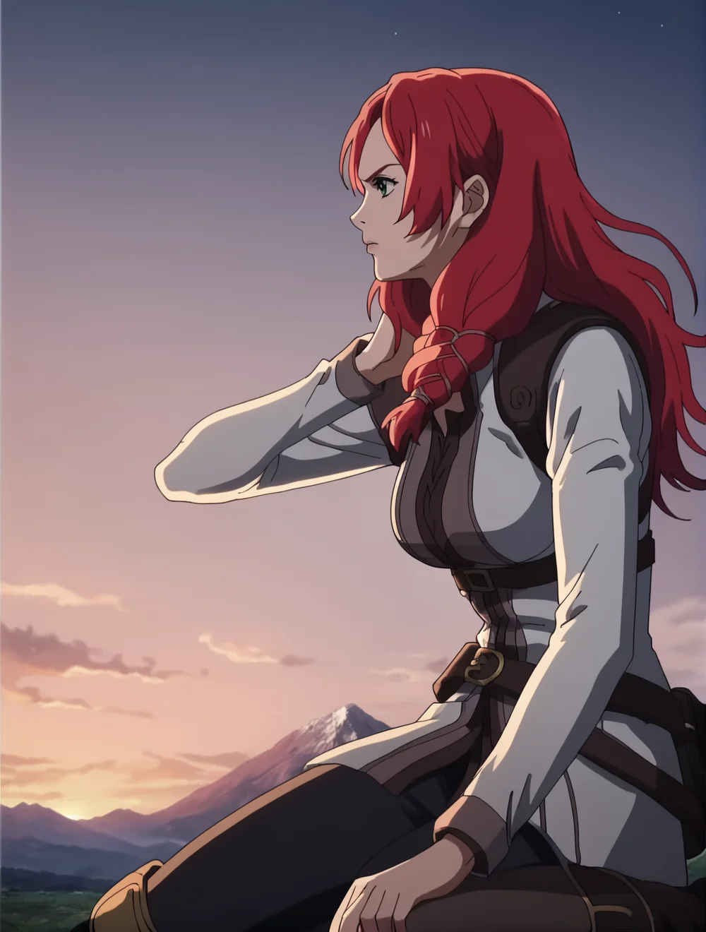 score_9, score_8_up, score_7_up, (anime coloring), anime screencap, clean outlines, <lora:HeraLOTR:1>, HeraLOTR, solo, red hair, long hair, braid, (((uniform))), belt, breasts, long sleeves, green eyes, mountains, on ground, detailed background, realistic background, godrays, depth of field, shadows, angle, head aimed up, from behind, night, blue tint, dramatic, dynamic pose, full body shot, black pants, boots, <lora:add-detail-xl:1>