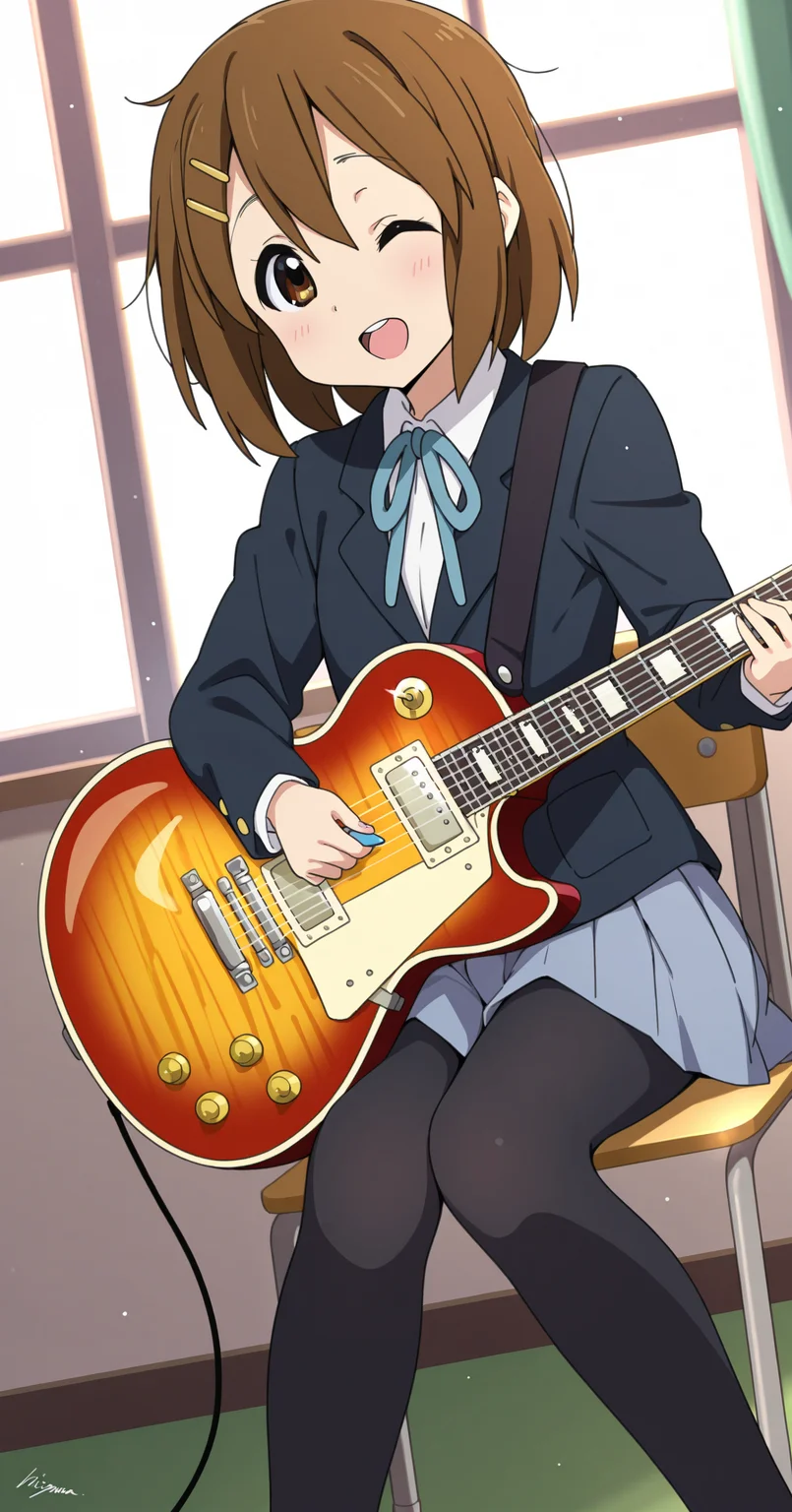 hirasawa yui, 1girl, solo, looking at viewer, blush, smile, open mouth, short hair, shirt, skirt, brown hair, long sleeves, hair ornament, holding, ribbon, hair between eyes, sitting, brown eyes, jacket, school uniform, white shirt, pantyhose, pleated skirt, one eye closed, collared shirt, indoors, artist name, hairclip, signature, black jacket, blue skirt, black pantyhose, window, neck ribbon, chair, blue jacket, blazer, blue ribbon, ;d, instrument, grey skirt, backlighting, knees together feet apart, music, winter uniform, guitar, holding instrument, sakuragaoka high school uniform, playing instrument, electric guitar, plectrum, gibson les paul, holding plectrum,
upper body,
rating safe, alice99narumi,
masterpiece, best quality, amazing quality, highres, newest,  <lora:alice99narumi_v2:1.0>