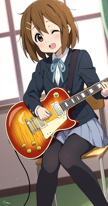 hirasawa yui, 1girl, solo, looking at viewer, blush, smile, open mouth, short hair, shirt, skirt, brown hair, long sleeves, hair ornament, holding, ribbon, hair between eyes, sitting, brown eyes, jacket, school uniform, white shirt, pantyhose, pleated skirt, one eye closed, collared shirt, indoors, artist name, hairclip, signature, black jacket, blue skirt, black pantyhose, window, neck ribbon, chair, blue jacket, blazer, blue ribbon, ;d, instrument, grey skirt, backlighting, knees together feet apart, music, winter uniform, guitar, holding instrument, sakuragaoka high school uniform, playing instrument, electric guitar, plectrum, gibson les paul, holding plectrum,
upper body,
rating safe, alice99narumi,
masterpiece, best quality, amazing quality, highres, newest, <lora:alice99narumi_v2:1.0>