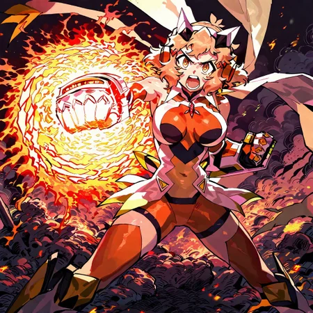 optical illusion, ssambatea, quasarcake, 
 tachibana_hibiki_(symphogear), senki_zesshou_symphogear,1girl ,bodysuit ,breasts ,brown_hair ,clenched_hand, embers ,gauntlets, headgear, large_breasts ,looking_at_viewer ,navel ,open_mouth, punching ,rubble ,short_hair, smoke, solo ,spread_legs ,teeth ,upper_teeth_only ,yellow_eyes,
blood orange style,
masterpiece, best quality, amazing quality, very aesthetic, absurdres, newest,