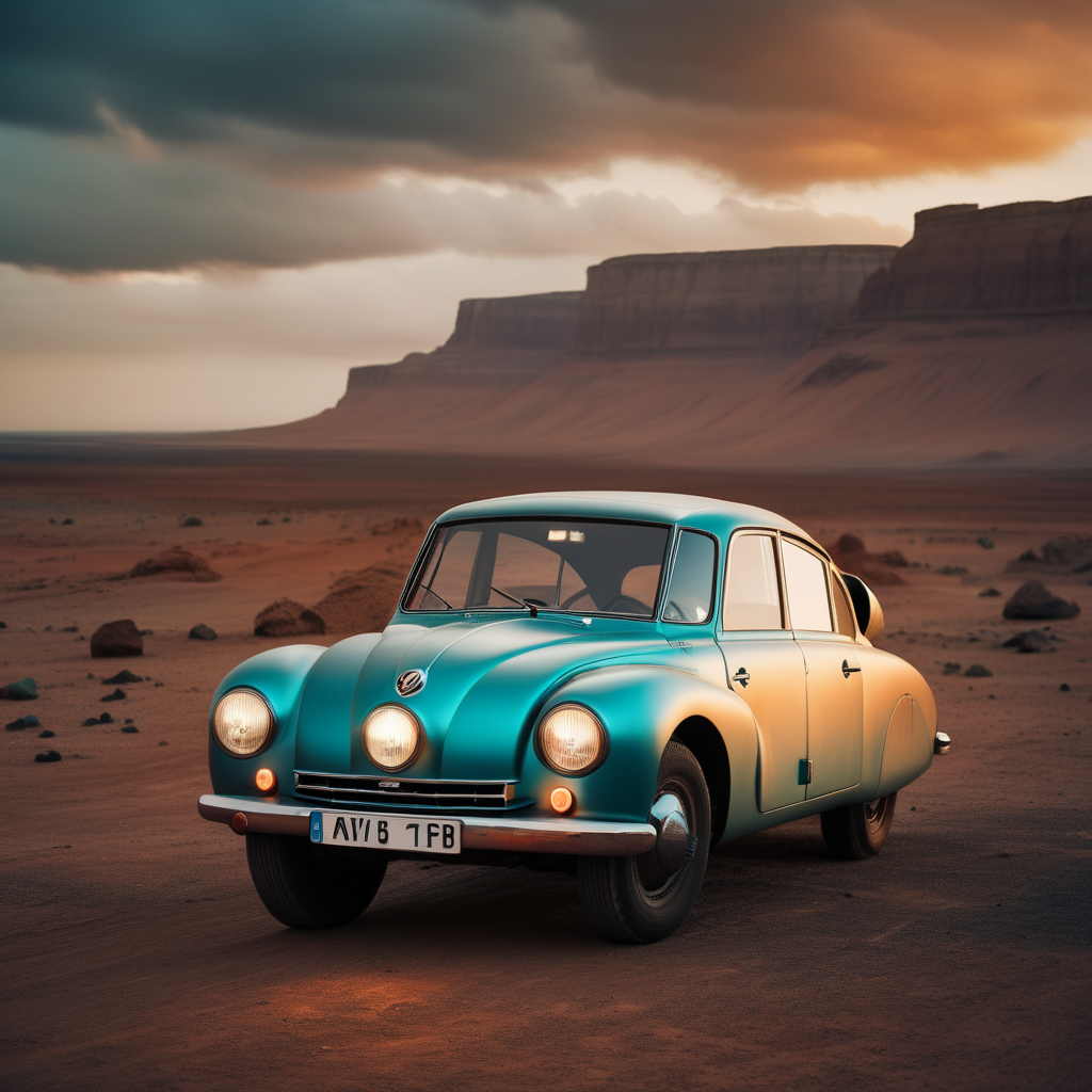 cinematic epic realistic photo,  analog photo, mars landscape, dark, sunset clouds, dynamic frontleft view (car teal matte rusty:1.5) 
 <lora:Tatra87-SDXL:1>, photorealism, golden hour, Crewson style shadowing, 8k resolution, analog color kodak, film grain, neutral colors,