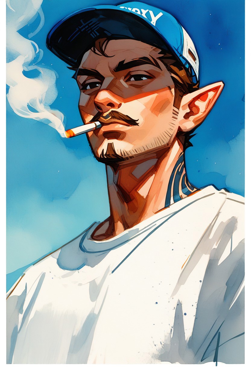 score_9, score_8_up, score_7_up, score_6_up, watercolor painting, aesthetic, ncpy13, pastels drawing, Half body shot of a handsome male, elf ears, refined features, short brown hair tied into a bun, black eyes, has visible mustache and goatee, the male is wearing a white lumberjack shirt with black stripes, a blue face cap on his head. smoking a cigarette. With tattoos on his neck. Incorporate bold colors, intricate details. The mood is sophisticated, with the characters exuding confidence and style. with a simple background, blue sky lights reflecting off her face. from below.