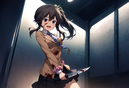 1girl, yuzuri\(memories off 8\), solo, brown hair, black eyes, ponytail, one side up, indoors, standing, kaioka brown blazer school uniform, black pleated skirt, blue striped necktie, pink wrist scrunchie, green hairscrunchie, crazy smile, :d, empty eyes, holding knife, (blood on face, blood on clothes, blood on knife:1.2), looking at viewer, masterpiece, best quality, very aesthetic, absurdres, highres, 4k, 8k, intricate detail, cinematic lighting, wallpaper, <lora:aesthetic_anime_v1s:1>, <lora:yuzuri-1.3:1>
