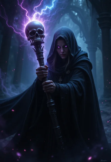 Magic style,
"Illustrate a powerful dark sorceress in a black hooded cloak, gripping a skull-topped staff charged with glowing purple and blue energy. Her glowing eyes match the color of the lightning sparking from the staff, while her expression is both cold and menacing. The background should be a gloomy, mystical setting, filled with swirling mist and deep shadows, emphasizing her connection to dark magic and supernatural forces."