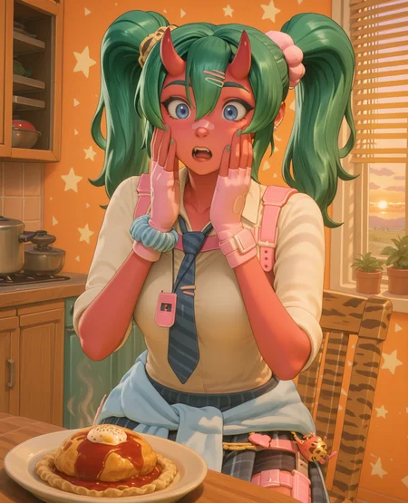 highly detailed, (upper body:1.3),  (detailed background, kitchen, sunset, golden hour, shutters, blinds down, blinds, wooden table, wooden chair, orange interior, indoors:1.2),  delicious food, surprised, hands on own face, food focus, pepsi can, fork, knife, plate, fortnite_nemia, 1girl, solo, green hair, twintails, ponytail, long hair, bangs, hair between eyes, hair over one eye, ears, horns, oni horns, single horn, red skin, pink skin, blue eyes, parted lips, bandaid, bandaid on nose, bandaid on thighs, breasts, shirt, school uniform, necktie, plaid skirt, thighhighs, socks, loose socks, boots, jewelry, earrings, bracelet, charm, belt, gloves, fingerless gloves, knee pads, leg warmers, collarbone, solo, colored skin, hair ornament, hairclip, scrunchie, holster, striped necktie, clothes around waist, oni, plaid, charm (object), blue necktie, sweater around waist, animal print, heart, shoes, star (symbol), thigh holster <lora:Fortnite_Nemia_Demonically_Cute_Set_ILXL_E41_16_DIM:1>, <lora:delicious_food_surprised_hands_on_own_face:1>