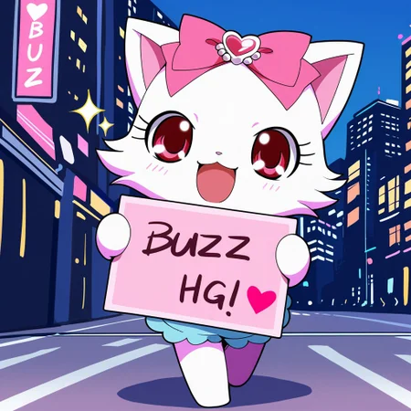 score_9, score_8_up, score_7_up, score_6_up, score_5_up,
best quality, masterpiece, smirks, Full Body, Romantic, Small Body, Furry, looking_pleasured, di4na, anthro, female, jewelpet, solo, smile, open mouth, bow, hair bow, heart, no humans, sparkle, :3, pink bow, city, downtown walking, holding a sign, ((text on sign "buzz for hug")) a sign said " buzz",
