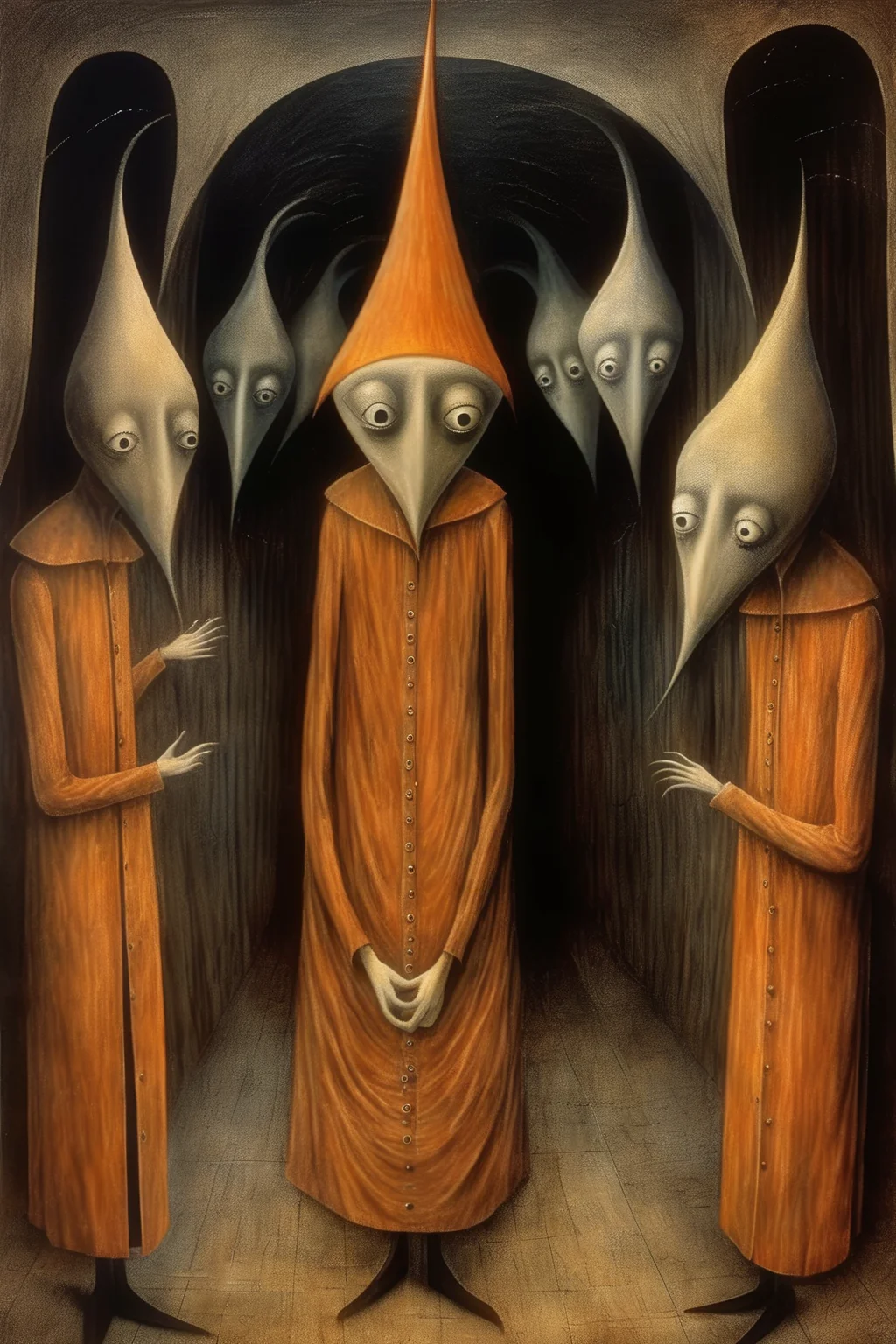<lora:Remedios Varo Style:1>Remedios Varo Style - a painting on canvas, in the style of remedios varo, portraying anxiety, anguish, the confinement of a soul crying out to be heard. trying to get all his demons out through art and his dreams.
