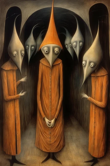 <lora:Remedios Varo Style:1>Remedios Varo Style - a painting on canvas, in the style of remedios varo, portraying anxiety, anguish, the confinement of a soul crying out to be heard. trying to get all his demons out through art and his dreams.