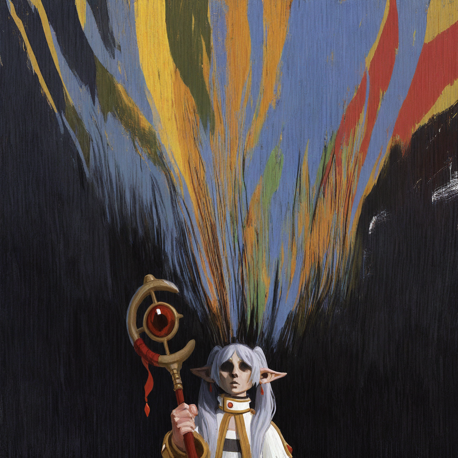 best quality, masterpiece, highly detailed, highres, 1girl, frieren, no eyes, shaded face, mage staff, mage outfit,
beams of light cascading around the panorama, painterly, abstract, surreal, surrealism, by artstation illustration, colorful character art,
style of disco elysium, <lora:DiscoElysium Illustrious 0.1:1>