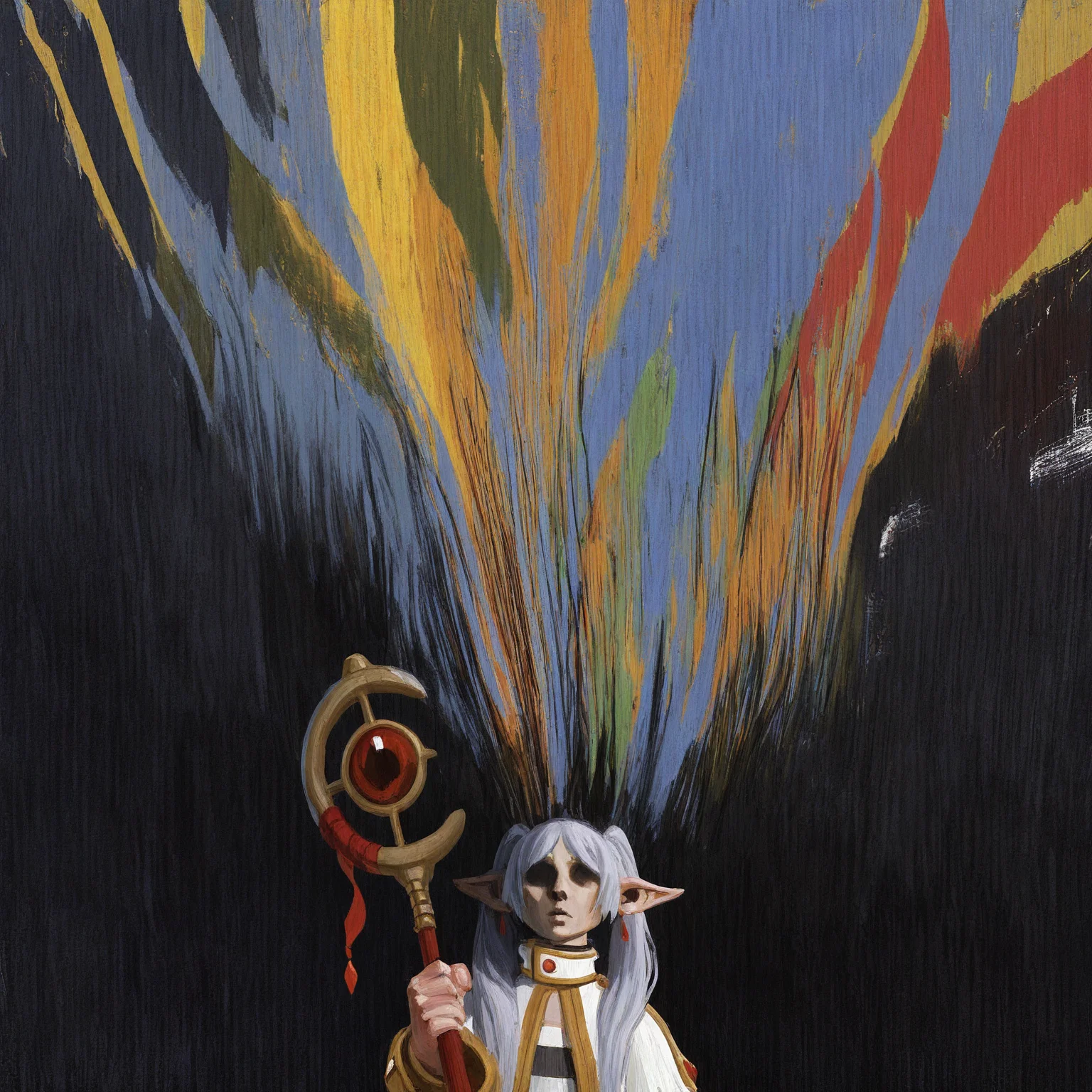 best quality, masterpiece, highly detailed, highres, 1girl, frieren, no eyes, shaded face, mage staff, mage outfit,
beams of light cascading around the panorama, painterly, abstract, surreal, surrealism, by artstation illustration, colorful character art,
style of disco elysium, <lora:DiscoElysium Illustrious 0.1:1>