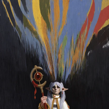 best quality, masterpiece, highly detailed, highres, 1girl, frieren, no eyes, shaded face, mage staff, mage outfit,
beams of light cascading around the panorama, painterly, abstract, surreal, surrealism, by artstation illustration, colorful character art,
style of disco elysium, <lora:DiscoElysium Illustrious 0.1:1>