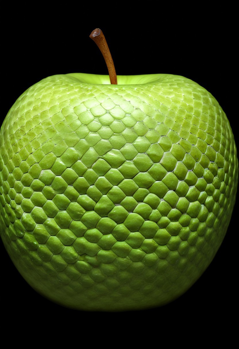 Realistic photograph, extremely realistic. Photo of a green apple with snake scales texture. Black background. snake scales, macro, snake skin pattern