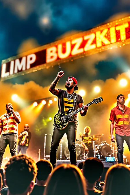 cinematic photo zoomed out, wide angle, f/stop 12.4, full framed image, entire stage in frame, all musicians aer in frame, a photo realistic, hyper detailed, finely detailed hair and skin textures, photorealistic, beautifully captured, shot on a Nikon Z9 mirrorless camera, hyper lifelike, insanely real looking, professionally shot and edited photo, a professional concert photo of the 1990s band Limp Bizkit on stage performing for a summer outdoor festival, but they're all dressed like bumblebees, Wes Borland as a bumblebee, Fred Durst as a bumblebee, Limp Bizkit as bumblebeesand the banner above the huge festival stage they're playing on says "LIMP BUZZKIT" and the singer has a backwards red fitted hat on and he has a speech bubble coming out of the top of his head that says "...i wish i could buzz ya body....", highly detailed, highly accurate text, perfectly generated text, <lora:aidmaTextImproverv0.3:0.3>, <lora:fluxenhancer:0.6>, <lora:fluxAugments_v3_rank64_bf16:0.5>, <lora:Think_Understand_Text:0.7>, detailed skin texture, (blush:0.5), (goosebumps:0.5), subsurface scattering, decorative, highly detailed, elaborate, ornate, intricate . 35mm photograph, film, bokeh, professional, 4k, highly detailed