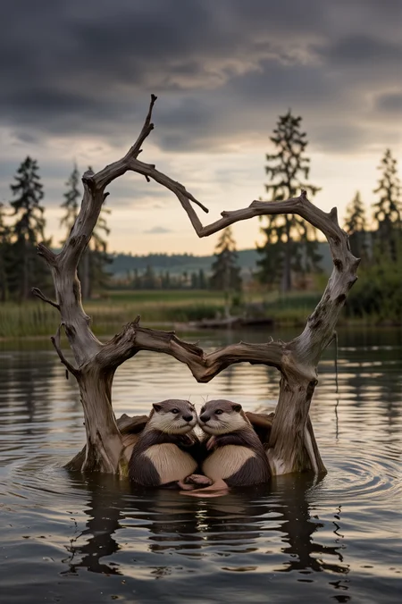 Deep in the aftermath of a violent storm, where a flooded field reflects the gray sky and broken branches litter the ground, two tiny otters float together on their backs, cradled within the gentle embrace of a heart-shaped tangle of driftwood. Their fur is slick with rain, but their paws remain entwined as they drift in the calm that follows chaos. The clouds above begin to part, revealing a soft golden light that shimmers on the water, illuminating their quiet moment of warmth in an otherwise cold and uncertain world.
<lora:ethereal-romantic-glow-flux:1> <lora:paws-and-hearts-flux:1>