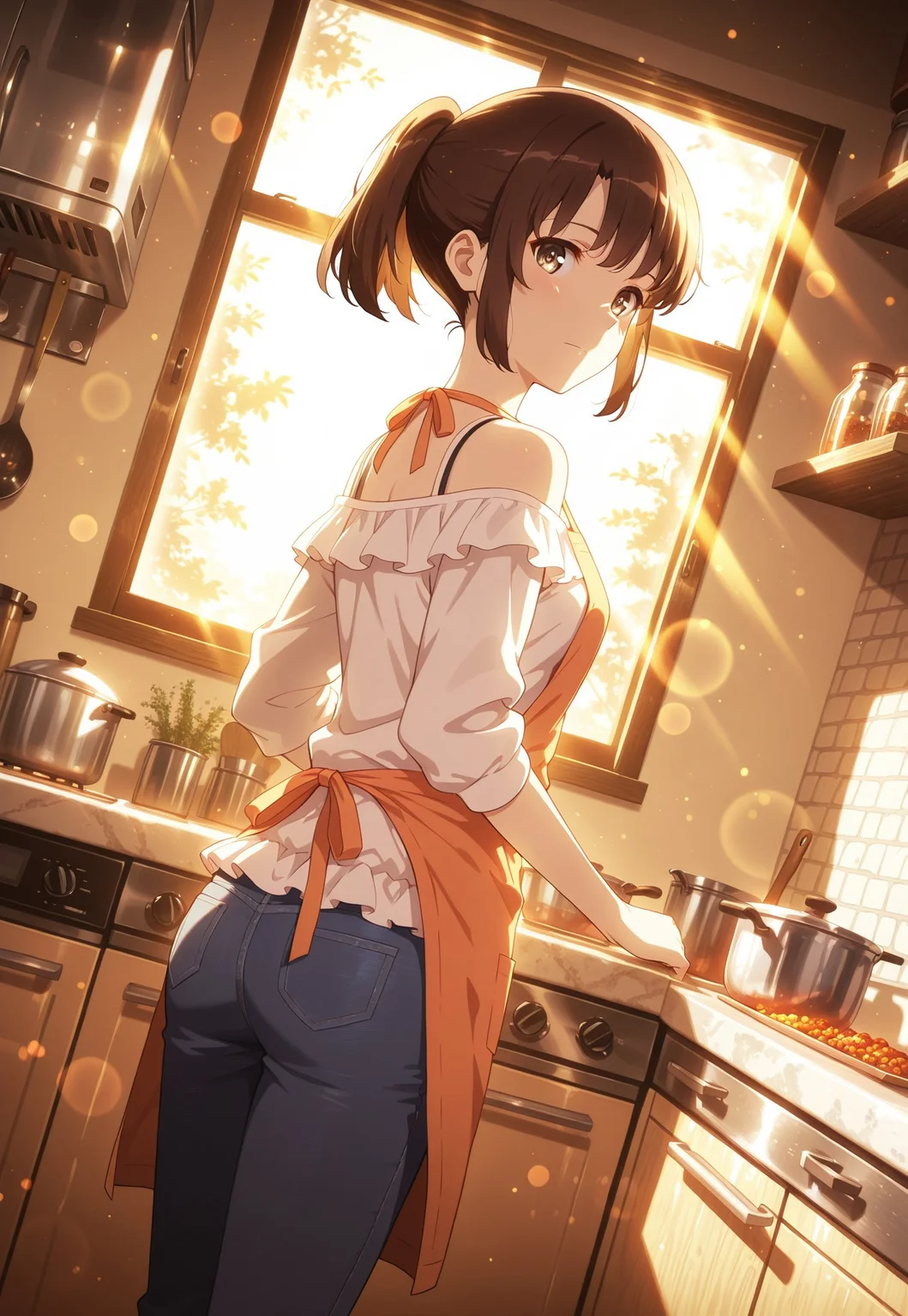 (solo), 1girl, m3gum1kat0, bangs, brown hair,pupils,brown eyes,short hair, ponytail,((detailed eyes)),
dutch angle, cinematic framing, (digital painting:0.8), (aura:0.2), MythAn1m3, bokeh, (luminescent background:0.8),
elegant, masterpiece, best quality, highly detailed, high contrast, dramatic shadows, raytracing, subsurface scattering,
standing, kitchen setting, cozy kitchen, looking back, wearing apron, off-shoulder blouse, slim-fit jeans with slight back cutout, warm sunlight streaming through the window, rustic shelves filled with spices and herbs, soft and detailed anime style, relaxed and inviting atmospher,looking at viewer,
