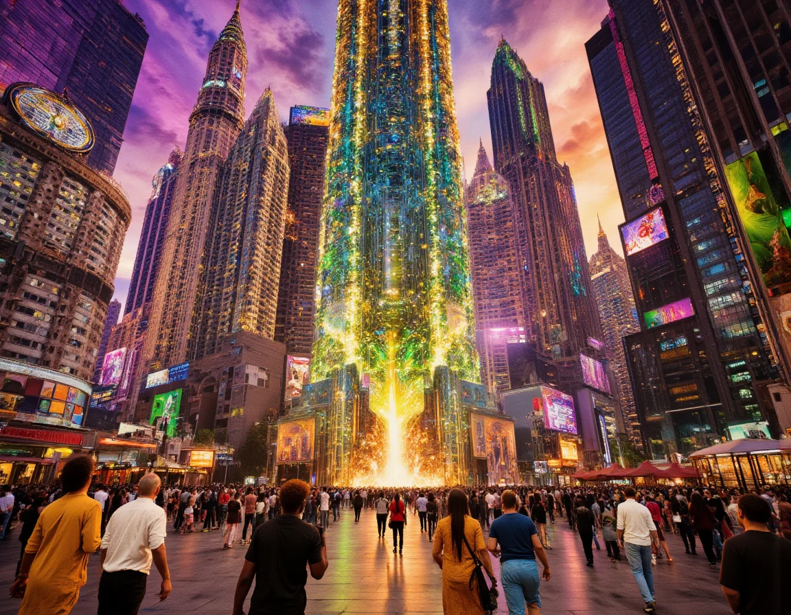 <lora:{psychedelic, }psychedelic-000018:0.6> psychedelic, A vibrant, surreal painting of a psychedelic metropolis, teeming with life and color, where towering skyscrapers with iridescent, crystalline facades stretch towards the sky, their rooftops hiding in the swirling clouds of purple, green, and blue. The city's inhabitants, a diverse crowd of people from various ethnicities, with skin tones ranging from deep brown to pale white, and hairstyles from afros to dreadlocks, move through the streets with a sense of wonder, their faces aglow with a mix of excitement and curiosity. The lighting is a kaleidoscope of colors, with warm, golden tones blending with cool, neon hues, casting long, shimmering shadows that dance across the sidewalks and buildings. The atmosphere is electric, with a sense of anticipation and joy, as if the city itself is alive and celebrating its own existence. In the background, holographic advertisements and street art blend seamlessly with the architecture, adding to the city's mesmerizing beauty. The shot is a wide-angle, bird's-eye view, capturing the sprawling metropolis in all its glory, with a shallow depth of field that blurs the distant buildings while keeping the foreground in sharp focus. The overall mood is one of unbridled creativity and freedom, as if anything is possible in this psychedelic wonderland. The image features a hyper-detailed, photorealistic rendering style, with intricate textures and patterns that invite the viewer to explore every nook and cranny of the city. The colors are so vivid, they seem to pulse with an energy of their own, drawing the viewer into the heart of the psychedelic metropolis. . 35mm photograph, film, bokeh, professional, 4k, highly detailed
