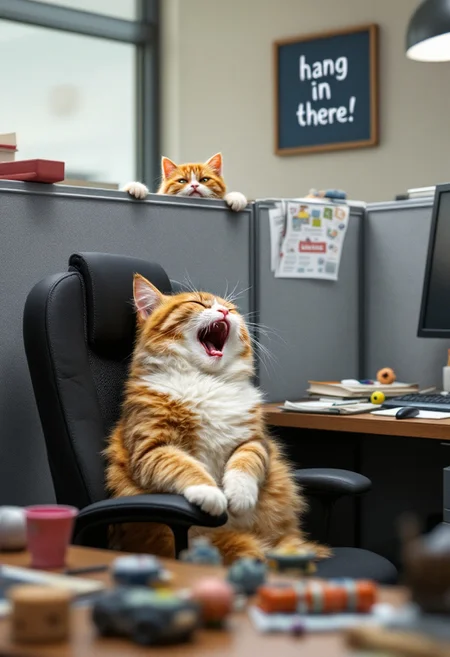 A cat works in an office cubicle sitting in a chair pulling they're eyelids down and screaming in frustration, a curious coworker cat peaks their head over the divider with their ears bent backwards in surprise, "hang in there" motivational poster on cubicle wall, cat toys clutter the office desk