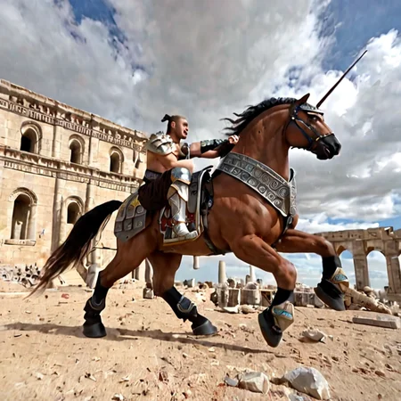 "Elven warrior riding a mech-steed through a battlefield filled with starships and ancient ruins"
A striking contrast between traditional elven magic and advanced technology, with a warrior mounted on a mechanical horse, fighting amidst the chaos of war.