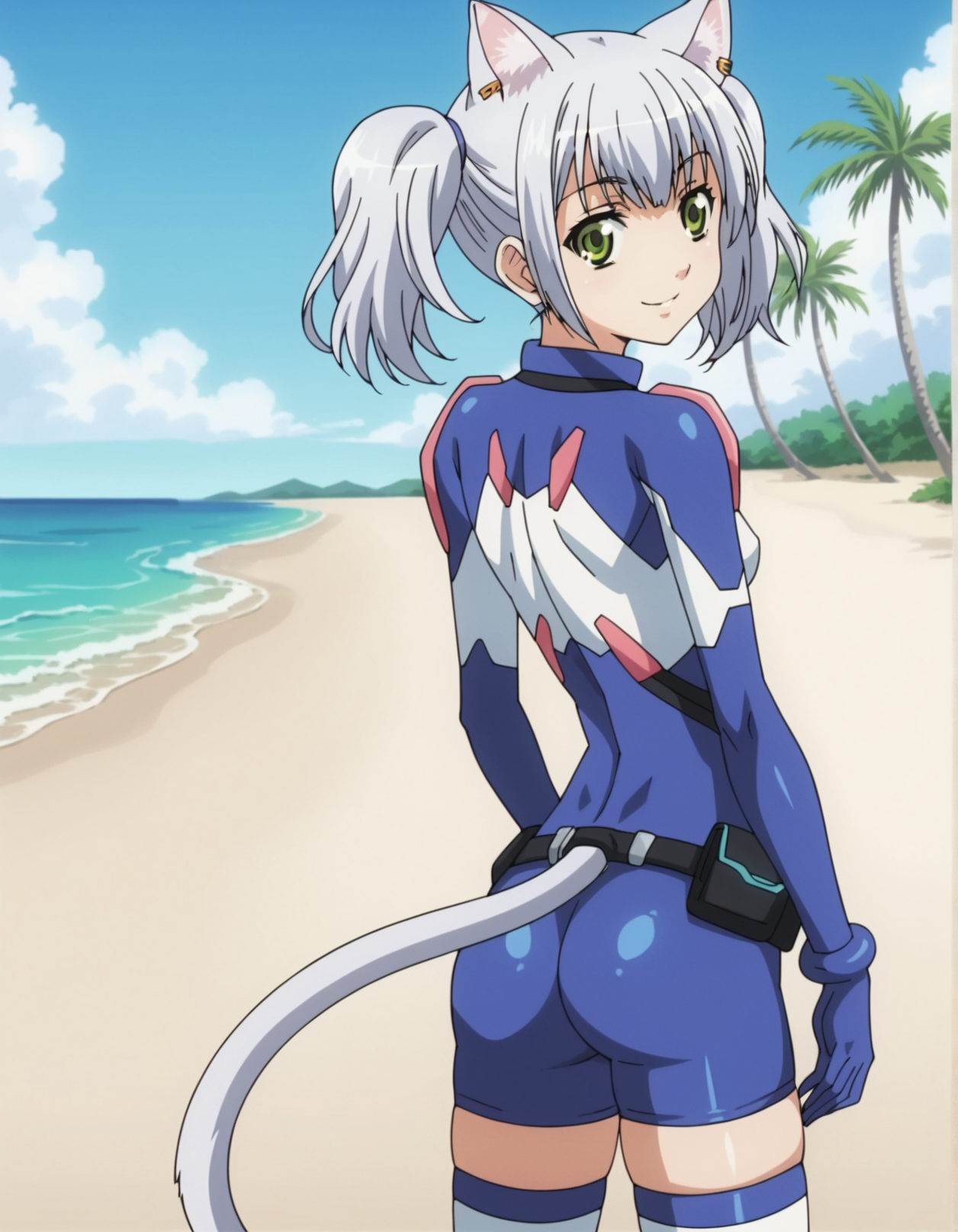 1girl, anime screencap, <lora:VexVexX_Chaika_PONYXL:1>, Chaika, short hair, twintails, bangs, white hair, green eyes, animal ears, cat ears, cat tail, small breasts, deep skin, skindentation, seductive smile, detailed skin, glossy skin, blue bodysuit, bell, white thighhighs, gloves, cowboy shot, from behind, standing, legs together, thighs together, looking back, looking at viewer, outside, beach, ocean, palm trees