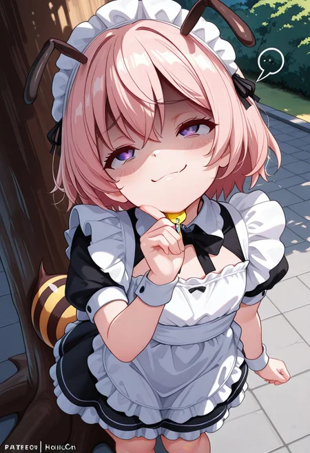 masterpiece, BEST QUALITY, solo, aged down,
short body, short hair, round face,
short limb,
looking up,
tilted head,
under tree,
shadows from tree canopy on her,
sunny day,
CivChan, purple eyes, pink hair, maid outfit,
small breasts, park, from above, shaded face, (smug:1.2), head tilt,
open eyes,
Bee girl mixture costume,
bee tail. bee wing,
yellow and black stripe apron
cpbt
folded elbow,
1 crime prevention buzzer holding below her chin,
pulling gesutre,
unholy-aesthetic
BREAK
2.5D REALISTIC
ABSURDRES
AMAZING QUALITY
BALANCED HISTGRAM on subject
CONTRAPPOSTO
LOW-KEY HISTGRAM ON BG
NEWEST
PERSPECTIVE
SOLO FOCUS
ULTRA DETAILED EYES, EYE HIGHLIGHTS
ULTRA DETAILED FACE
VERY AESTHETIC
very awa
red  simple speech bubble beside her face asking buzz "need buzz?" with Helvetica font,