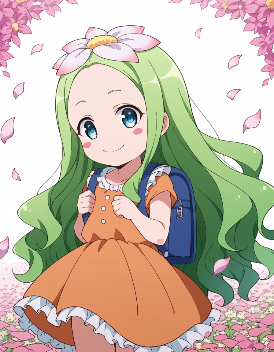score_9, score_8_up, score_7_up, source_anime, <lora:celine-darkness-ponyxl-lora-nochekaiser:1>, celine, long hair, blue eyes, hair ornament, flower, green hair, hair flower, wavy hair, blush stickers,, dress, backpack, orange dress, frills,, flower field, colorful, petals, scent, bloom, , smile, looking at viewer, solo,, dutch angle, cowboy shot