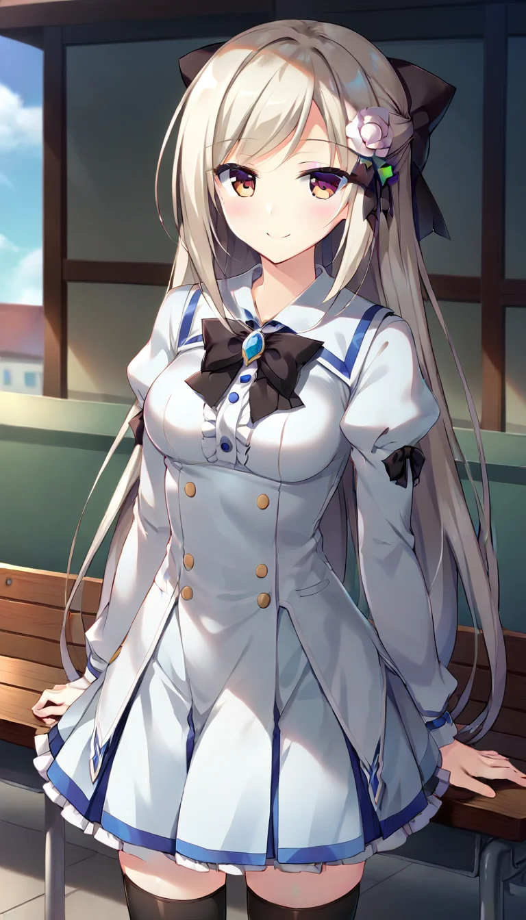 score_9,score_8_up,score_7_up,score_6_up BREAK official art,solo,outdoors,cowboy shot,looking at viewer,facing viewer,smile,blush,Enamori Senri,very long hair,silver hair,hair bow,hair flower,hair ornament,side swept bangs,sidelocks,brown eyes,school uniform,long sleeves,white shirt,puffy sleeves,black bow,black ribbon,medium breasts,white skirt,frilled skirt,zettai ryouiki,black thighhighs,black footwear,mary janes,<lora:Enamori Senri(pa)-Pony:1.2>,