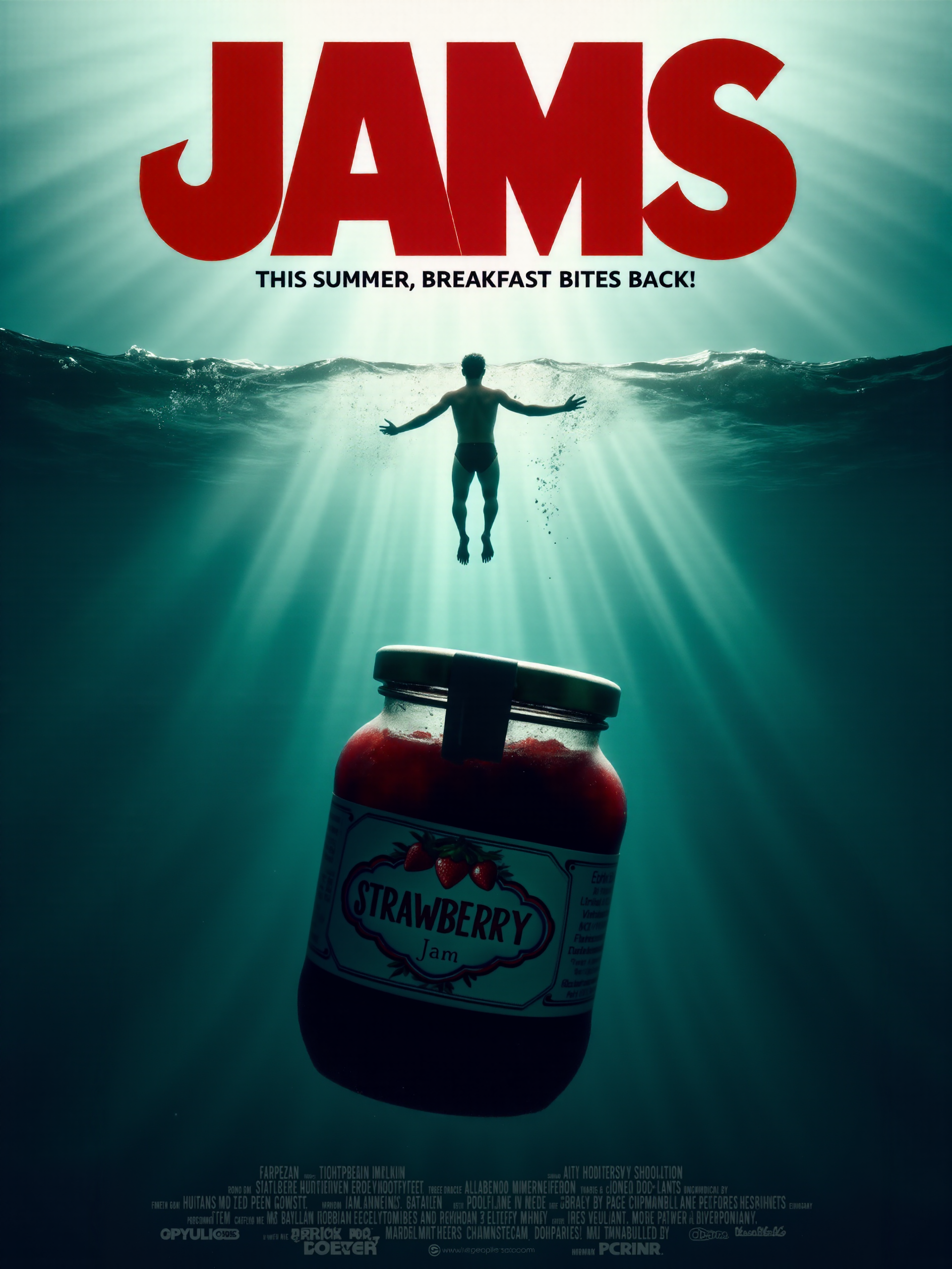 the title text "JAMS" in bold, oversized red text, covers the top of the image, the tagline text "This summer, breakfast bites back!" is arranged with the movie credits at the bottom, the image shows a detailed movie poster in the style of the iconic 1975 jaws film poster, a large jar of jam emerges ominously from the ocean depths toward the surface, where a lone swimmer floats unaware in the top portion of the image, the vast ocean stretches endlessly with a dark, threatening tone as the jam jar rises with intent, its label showing an innocuous text "STRAWBERRY" logo, the swimmer, positioned in the top center, is lit by soft sunlight filtering through the water, with ripples creating shadows on their skin, the jam jar, rising from the murky blue ocean, takes up most of the bottom half of the image, its glass gleaming with reflected light, the shadow of the jar casts a dark outline on the water, adding a sense of scale and menace, tiny bubbles trail the jar as it ascends, the swimmerâs arms are outstretched in a leisurely backstroke, unaware of the danger below, while the giant jar of jam rises quickly toward them, the perspective is a wide vertical shot from a low angle below the surface, looking up at both the jar and the swimmer, the swimmer is centered high in the frame, while the jar looms menacingly from the depths below, creating a sense of impending danger, the scene is lit with soft, natural light near the waterâs surface, fading into darker, more ominous tones as the image descends, the light reflects off the glass of the jam jar, giving it an eerie glow that contrasts with the swimmerâs soft, sunlit form, underwater shadows add depth and tension to the scene, giving it an uncanny sense of scale, shot in a vertical, cinematic format reminiscent of iconic 1970s film posters, exaggerated proportions to create both tension and humor, <lora:image_enhancer-flux-by_dever:0.8>