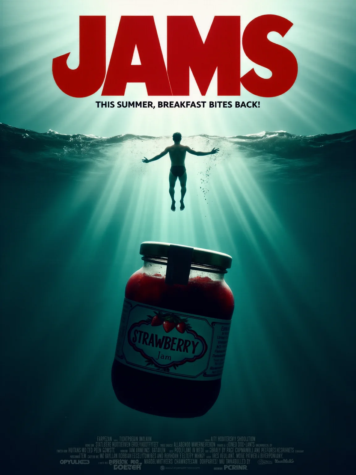 the title text "JAMS" in bold, oversized red text, covers the top of the image, the tagline text "This summer, breakfast bites back!" is arranged with the movie credits at the bottom, the image shows a detailed movie poster in the style of the iconic 1975 jaws film poster, a large jar of jam emerges ominously from the ocean depths toward the surface, where a lone swimmer floats unaware in the top portion of the image, the vast ocean stretches endlessly with a dark, threatening tone as the jam jar rises with intent, its label showing an innocuous text "STRAWBERRY" logo, the swimmer, positioned in the top center, is lit by soft sunlight filtering through the water, with ripples creating shadows on their skin, the jam jar, rising from the murky blue ocean, takes up most of the bottom half of the image, its glass gleaming with reflected light, the shadow of the jar casts a dark outline on the water, adding a sense of scale and menace, tiny bubbles trail the jar as it ascends, the swimmer’s arms are outstretched in a leisurely backstroke, unaware of the danger below, while the giant jar of jam rises quickly toward them, the perspective is a wide vertical shot from a low angle below the surface, looking up at both the jar and the swimmer, the swimmer is centered high in the frame, while the jar looms menacingly from the depths below, creating a sense of impending danger, the scene is lit with soft, natural light near the water’s surface, fading into darker, more ominous tones as the image descends, the light reflects off the glass of the jam jar, giving it an eerie glow that contrasts with the swimmer’s soft, sunlit form, underwater shadows add depth and tension to the scene, giving it an uncanny sense of scale, shot in a vertical, cinematic format reminiscent of iconic 1970s film posters, exaggerated proportions to create both tension and humor, <lora:image_enhancer-flux-by_dever:0.8>