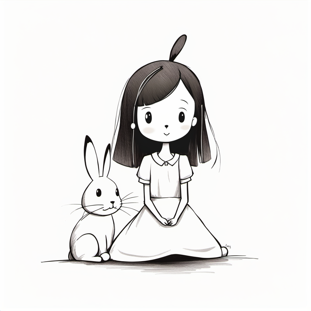 <lora:xiaohua:0.9>,xh,1girl,monochrome,greyscale,white background,simple background,smile,sitting,long hair,:3,dress,seiza,bangs,short sleeves,closed mouth,looking at viewer,antenna hair,rabbit,