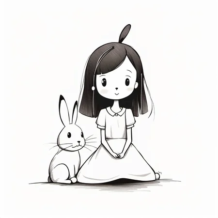 <lora:xiaohua:0.9>,xh,1girl,monochrome,greyscale,white background,simple background,smile,sitting,long hair,:3,dress,seiza,bangs,short sleeves,closed mouth,looking at viewer,antenna hair,rabbit,