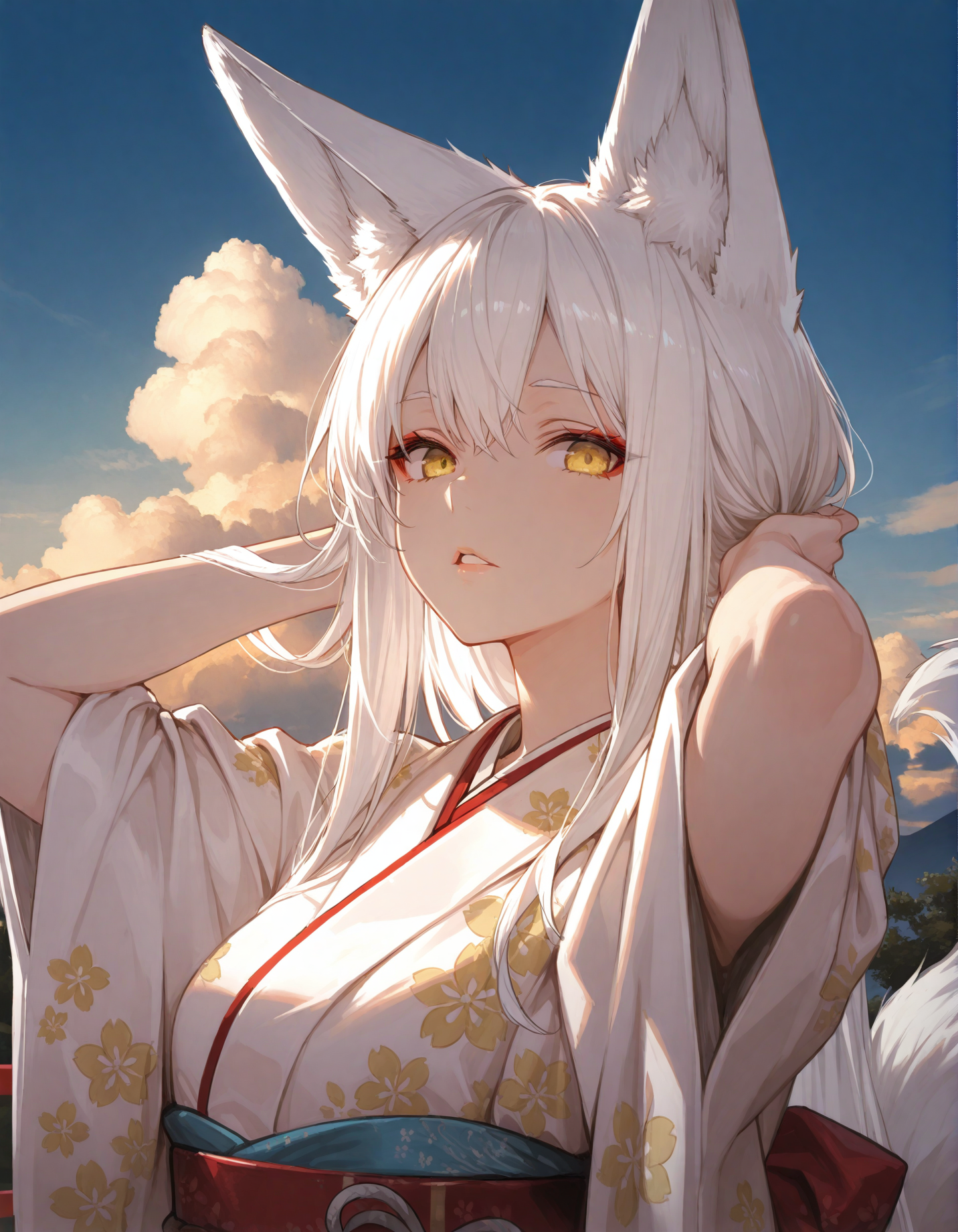 1girl, fox tail, sky, white hair, long hair, animal ears, masterpiece, yellow eyes, kitsune, parted lips, looking at viewer, kimono, floral print, outdoors, portrait, arms behind head, adjusting hair, cloud, volumetric lighting,