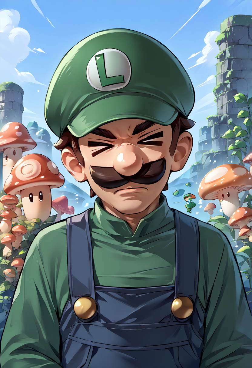 score_9, score_8_up, score_7_up, source_anime, 1boy,  > <, closed eyes, <lora:Excitement_Expression_XLPD:1.8>, <lora:Luigi_XLPD:1> Incrsluigi, luigi, green headwear, blue overalls, white gloves, long sleeves, upper body, outdoors, super mushroom,