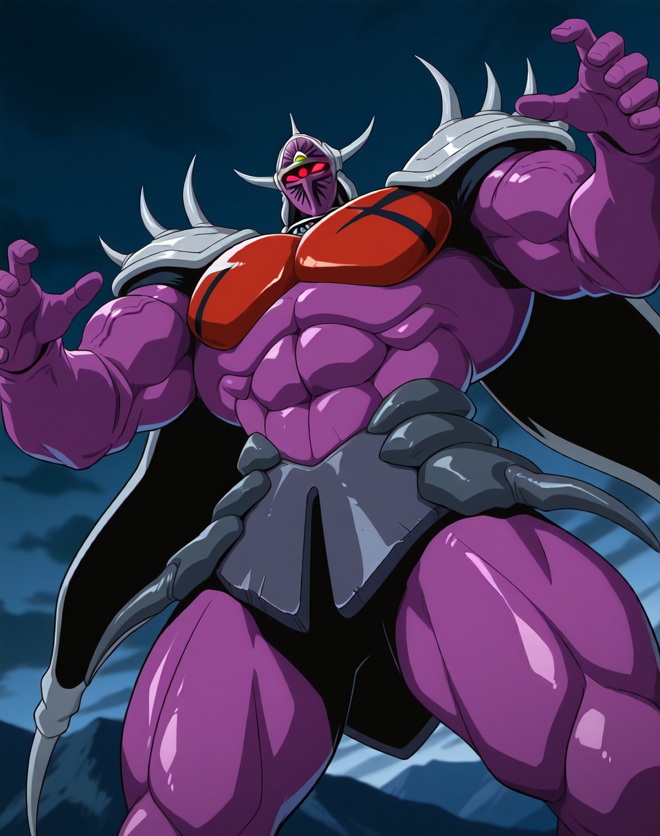 <lora:Lanacuras_(Shinzo)_(Illustrious)_(AD):1> Lanacuras, muscular, Shinzo, 
exterior, vivid anime dark sky with black clouds, mountains, nature, end of the world background, fighting, 
dynamic action, dutch angle, cowboy shot, detailed face, detailed eyes, glowing red eyes, 
hyper muscular, end boss, large wide rounded protruding pecs, bulging muscles, large rounded muscular shoulders, large biceps, large thighs, abs, red pecs, perfect hands, peak physical conditioning, pinnacle of manly perfection, perfect physique, veiny muscles, commanding oppressive presence, 
BREAK: very awe, aesthetically pleasing, masterpiece, best quality, amazing quality, very aesthetic, perfect depth of field shot, 
BREAK: lazympos, lazypos (2),