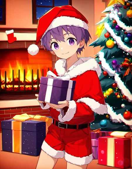 masterpiece, best quality, koemixpi-style, indoors, night, fireplace, christmas tree, film grain, depth of field, 1boy, solo, purple hair, purple eyes, looking at viewer, santa hat, santa costume, red shorts, smile, holding gift <lora:koe-mixpi_naiXL_v3b_ShoAI:1>