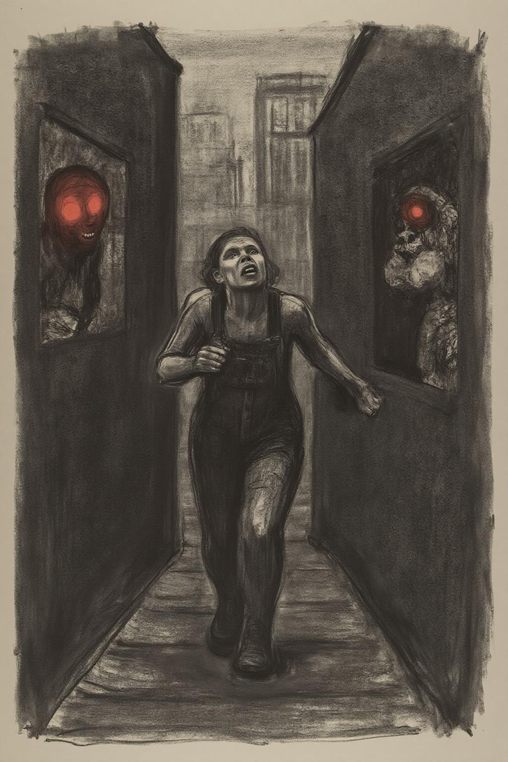 kako1 black and white charcoal drawing.  
A woman running down a dark alleyway between two crumbling high-rise buildings, with a holographic display of her pursuers on the walls and a strange creature with glowing red eyes lurking in the shadows, in a neon-lit cityscape that feels like a dystopian nightmare. She's dressed in tattered overalls and has a pistol at her side.  She is shouting angrily.  <lora:kako1_litho_nocap_d6a3:1.0><lora:814769061704535193:0>