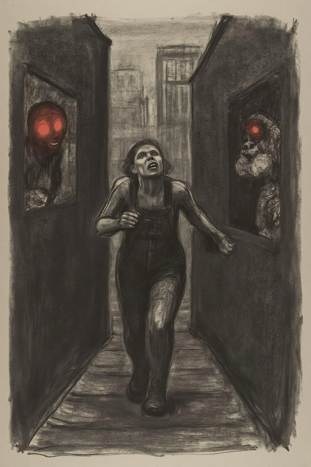 kako1 black and white charcoal drawing.  
A woman running down a dark alleyway between two crumbling high-rise buildings, with a holographic display of her pursuers on the walls and a strange creature with glowing red eyes lurking in the shadows, in a neon-lit cityscape that feels like a dystopian nightmare. She's dressed in tattered overalls and has a pistol at her side.  She is shouting angrily.  <lora:kako1_litho_nocap_d6a3:1.0><lora:814769061704535193:0>