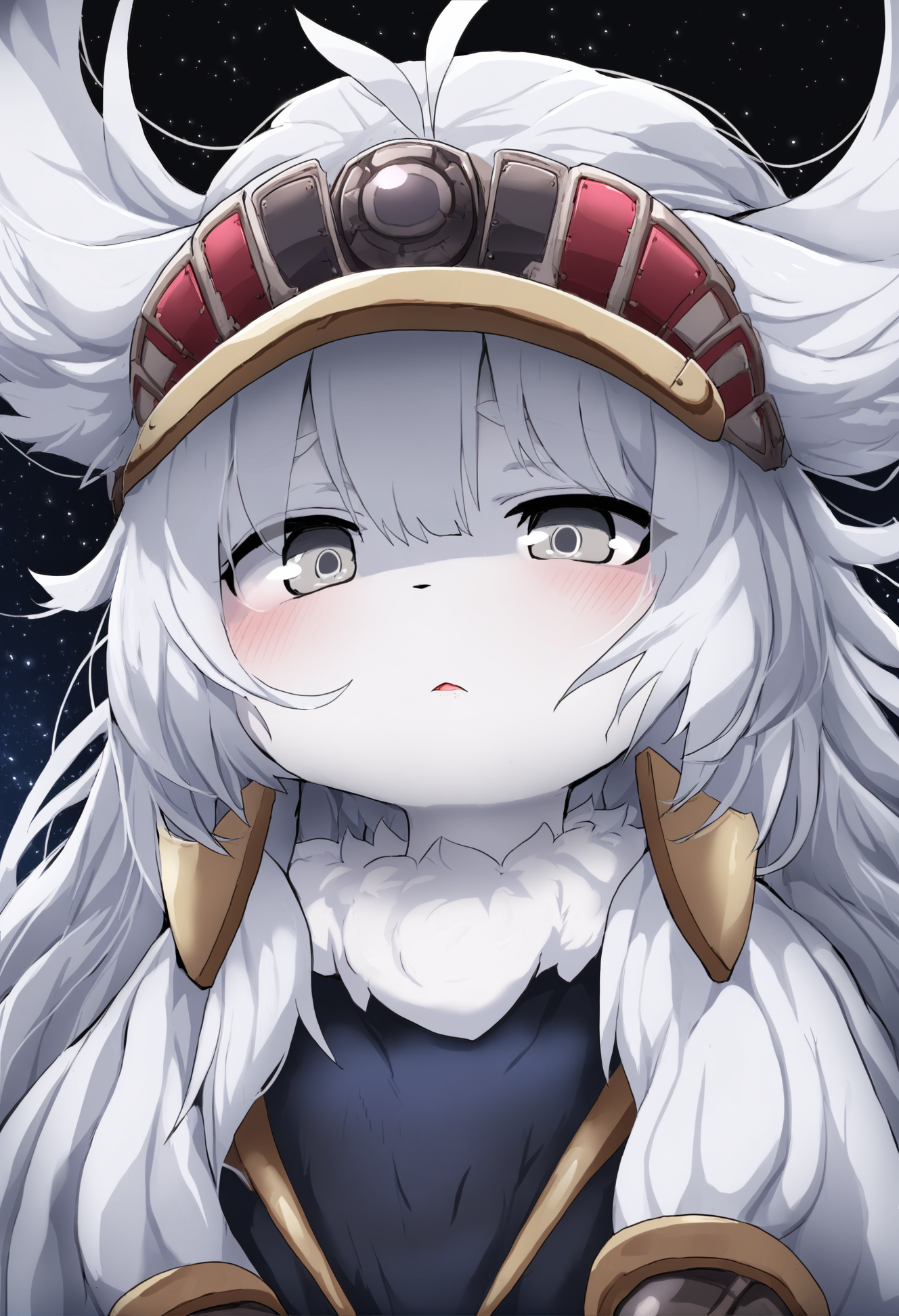 masterpiece, hyper detailed, best quality,(furry:1.3),1girl, solo, white hair, long hair, grey eyes, bangs, black background, parted lips, star \(sky\), upper body  ,<lora:DAGASIXLlokr8f-000188:0.95>