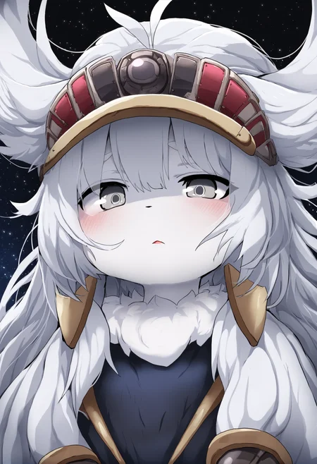 masterpiece, hyper detailed, best quality,(furry:1.3),1girl, solo, white hair, long hair, grey eyes, bangs, black background, parted lips, star \(sky\), upper body  ,<lora:DAGASIXLlokr8f-000188:0.95>