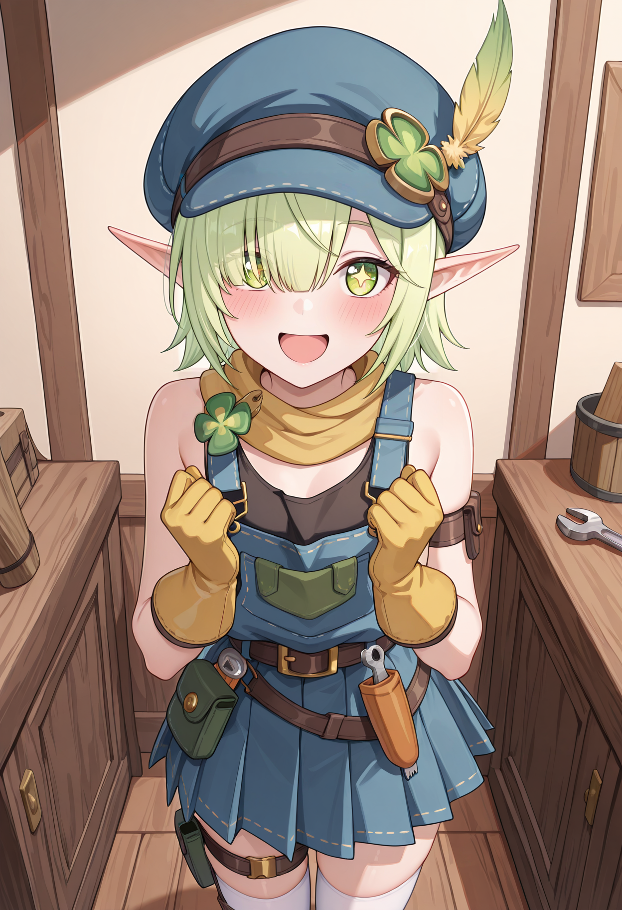 highres, best quality, masterpiece, indoors,
1girl, pcraoi, short hair, elf, light green hair, pointy ears, green eyes, hair over one eye, one eye covered, 
pcaomch, hat feather, cabbie hat, blue headwear, yellow scarf, four-leaf clover ornament, black shirt, sleeveless, bare shoulders, overalls, pocket, arm strap, yellow gloves, overall skirt, blue skirt, pleated skirt, belt, belt pouch, white thighhighs, thigh belt, wrench,
looking at viewer, blush, smile, open mouth, 
standing, hands up, bright pupils, clenched hands, +_+, yellow pupils, star-shaped pupils, star \(symbol\), 
<lora:_aoi_pcr-elesico-ilxlG:1>