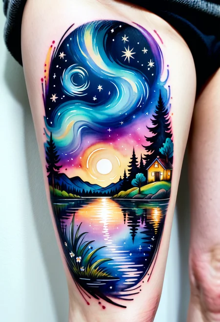 watercolour tattoo of a starry night pond scene,watercolour tattoo of a starry night pond scene