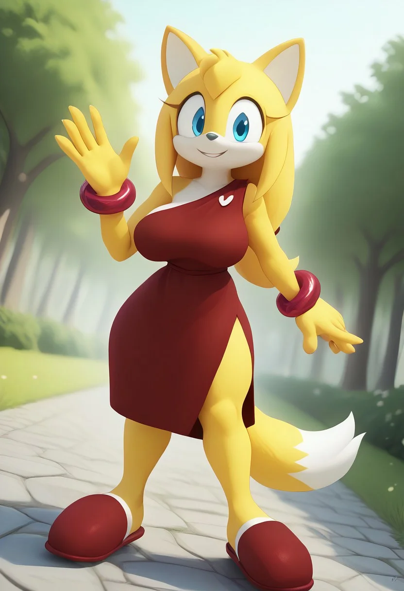 score_9, score_8_up, score_7_up, (best quality:1.1), ultra-detailed, high resolution, 8k, Zooey the Fox, yellow skin, blue eyes, red dress, red bracelets, yellow tail, red slippers, waving, cute, ((big breasts, voluptuous, thick thighs, skinny, curvy, busty, high quality, masterpiece, wide hips)), (((dutch angle, sexy tease, sexy pose, stylish pose))) BREAK outside, Rich, Detailed background, ambient light