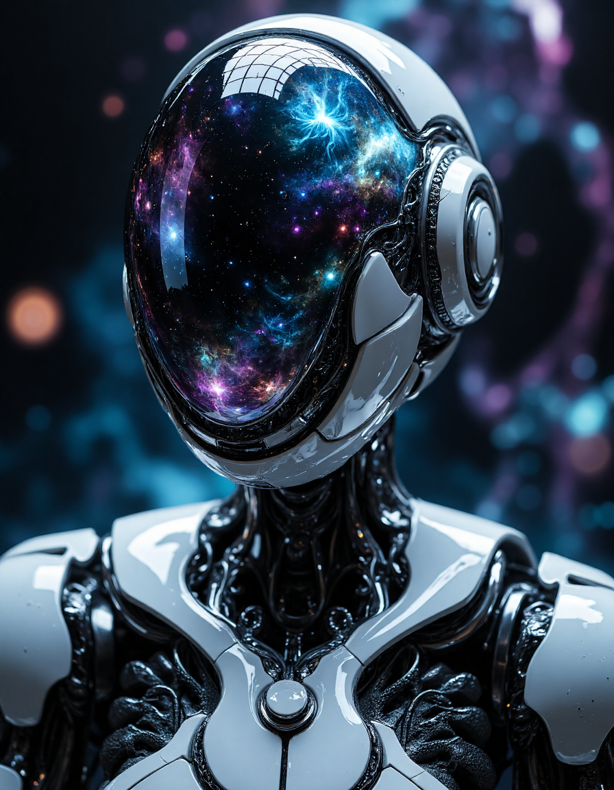 a highly detailed cinematic closeup frontal portrait, humanoid robot with a reflective, dome-shaped head, contains a galaxy cosmos and nebula inside it, the robot's body, in shades of white, purple and black, features an array of textures and protrusions suggesting a complex internal structure, set against a soft-focus background with bokeh effect in cool blue tones, dark environment, moody and epic, <lora:aidmaMJ6.1:0.8>, <lora:fluxenhancer:0.5>
