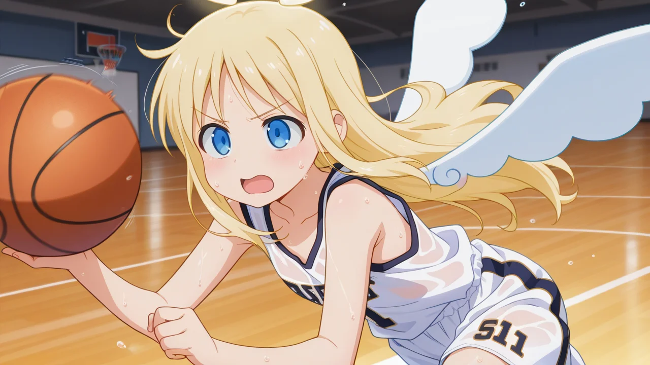 masterpiece, best quality, amazing quality, very aesthetic, absurdres, newest, anime screencap, <lora:crimvaelILM:1>, crimvael, androgynous, halo, broken halo, blonde hair, angel, long hair, blue eyes, angel wings, white wings, 1other, other focus,, see-through, basketball, basketball uniform, basketball (object), basketball shorts, ball, sportswear, dribbling (basketball), sweat, wet, sweatdrop, fast action, basketball court, open mouth, running, looking away, dribbling, speed lines, dynamic pose,