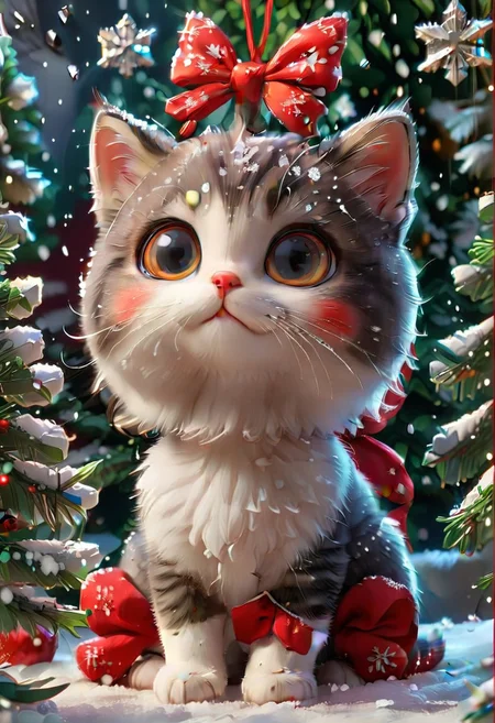 Festive, snowflake, kitten, big eyes, red bow, close-up, snowflakes falling, Christmas tree in the background, solo, cute and healing