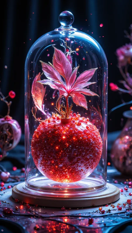 masterpiece, 4k, 8k, sharp, a Transparent display dome  with a juicy Pomegranate inside. the light is cinematic. the style is contrasted, and cartoonish, 
detailmaximizer, Midjourney_Whisper <lora:[Flux1]_flux_vividizer:0.3> <lora:[Flux1]_scenery_lora_comfy_converted:0.8> <lora:[Flux1]_Opal_Fantasy_Flux:0.5> <lora:[Flux1]_aidmaPsychadelicChaosWorld-FLUX-v0.1:0.3> <lora:[Flux1]_aidmaImageUpgrader-FLUX-V0.1:0.7> <lora:[Flux1]_midjourney_whisper_flux_lora_v01:0.6> <lora:[Flux1]_SXZ_Nixeu_Flux:0.5> <lora:[Flux1]_Painted_World_Flux_V2:0.1> <lora:[Flux1]_ccc:0.2>