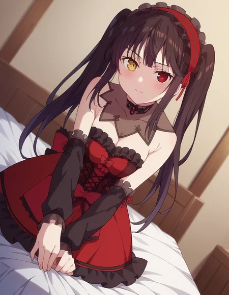 score_9, score_8_up, score_7_up, source_anime,
kurumitokisaki, <lora:kurumi-tokisaki-movie-ponyxl-lora-nochekaiser:1>,
kurumi tokisaki, black hair, red eyes, long hair,
twintails, yellow eyes, hairband, heterochromia, dress, red dress, bare shoulders, collarbone, choker, bowtie, red bowtie, detached sleeves, corset, frills, cleavage,
indoors, bed, bed room, on side, blush, drunk,
solo, dutch angle, looking at viewer, cowboy shot,